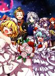  angry apron ascot baba_(baba_seimaijo) bare_shoulders bat_wings blonde_hair blue_eyes blue_hair blush bouquet braid closed_eyes collarbone crystal dress elbow_gloves fang flandre_scarlet flower formal full_moon gloves hat hat_ribbon highres hong_meiling izayoi_sakuya jacket koakuma layered_dress long_hair long_sleeves looking_at_viewer maid_headdress mob_cap moon multiple_girls night night_sky one_eye_closed open_mouth patchouli_knowledge petals pointy_ears purple_eyes purple_hair red_eyes red_hair red_moon remilia_scarlet ribbon shirt short_hair side_braid side_ponytail silver_hair single_braid sky smile star strapless strapless_dress suit tears touhou twin_braids waist_apron wedding_dress white_dress white_gloves wings 