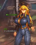  alternate_costume blonde_hair bodysuit breasts bursting_breasts cowboy_shot fallout fallout_4 hat highres huge_breasts jumpsuit junko_(touhou) long_hair looking_at_viewer melon22 pip_boy red_eyes sidelocks skin_tight solo touhou translated vambraces vault_suit very_long_hair 