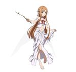  asuna_(sao) brown_eyes brown_hair full_body highres holding long_hair midriff navel official_art pointy_ears simple_background smile solo sword_art_online sword_art_online:_code_register titania_(sao) white_background 