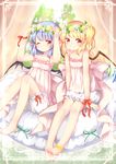  ankle_flower babydoll bare_arms bare_legs bare_shoulders barefoot bat_wings blonde_hair bloomers blue_hair collarbone flandre_scarlet flower flower_wreath hair_flower hair_ornament head_wreath mimi_(mimi_puru) multiple_girls one_eye_closed red_eyes remilia_scarlet ribbon siblings side_ponytail silver_hair sisters sitting touhou underwear wings wrist_ribbon 