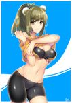  :o arms_up bike_shorts black_bra black_shorts blush bow bra breasts bun_cover cleavage closed_mouth cowboy_shot double_bun eyebrows eyebrows_visible_through_hair green_bow green_eyes green_hair groin hair_bow head_tilt hinazuka_ryou large_breasts lifted_by_self lips looking_at_viewer midriff navel open_mouth original ponytail shiny shiny_clothes shirt shirt_lift short_hair short_sleeves shorts simple_background skin_tight smile solo sports_bra stomach two-tone_background underwear undressing walking yellow_shirt 