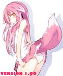  animal_ears ass bare_shoulders blush dress ears_down haatia_(otokuyou) highres inconvenient_tail long_hair looking_at_viewer looking_back open_mouth original otokuyou panties pink_hair simple_background sleeveless sleeveless_dress solo tail text_focus underwear white_background white_dress white_panties 
