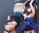  arms_up ass assertive black_gloves black_hair blue_dress blue_eyes blush breasts chin_grab dress dungeon_and_fighter embarrassed femdom from_behind garter_straps gloves hand_on_hip highleg highleg_panties jacket large_breasts lhu_(barappra1) light_smile long_hair looking_at_another looking_to_the_side multiple_girls open_clothes open_jacket panties ponytail profile short_hair silver_hair thighhighs thighs underwear yuri 