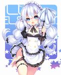  1girl :o alternate_costume black_panties blue_background blue_eyes blush braid character_name copyright_name cowboy_shot detached_collar elsword long_hair looking_at_viewer luciela_r._sourcream maid panties panty_pull pointy_ears smile solo star thigh_strap twin_braids twintails underwear utm white_hair 