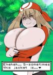  bandanna blush breasts bursting_breasts cleavage color eyes_closed female gigantic_breasts haruka_(pokemon) haruka_(pokemon)_(remake) maydrawfag pokemon pokemon_(game) solo tremble 