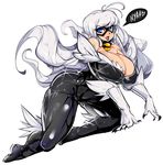  bare_shoulders bell bell_collar black_cat_(marvel) blue_eyes bodysuit breasts collar domino_mask felicia_hardy highres huge_breasts lipstick long_hair looking_at_viewer makeup marvel mask nyan shiny shiny_clothes simple_background skin_tight slugbox smile solo white_background white_hair 