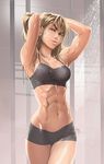  abs arms_behind_head blonde_hair deviantart_sample green_eyes image_sample looking_at_viewer mike_nesbitt muscle muscular_female navel open_mouth short_shorts shorts showering signature solo sports_bikini sports_bra sportswear 