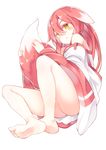  animal_ears ass bare_legs bare_shoulders barefoot blush ears_down full_body haatia_(otokuyou) highres japanese_clothes kimono long_hair looking_at_viewer open_mouth original otokuyou pink_hair simple_background sitting soles solo tail tail_hug white_background yellow_eyes 
