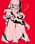  absurdres barefoot convenient_censoring convenient_leg glasses grin heart highres leg_hug limited_palette monochrome persona persona_5 red red_background red_eyes sakura_futaba sitting smile solo uri_(9uuuuuri) 