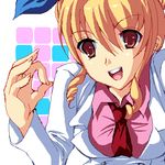 blonde_hair bow breasts brown_eyes calamity_jane drill_hair enoo hair_ribbon hairband long_hair lowres necktie oekaki open_mouth pink_shirt red_neckwear ribbon shirt sidelocks solo upper_body wild_arms wild_arms_1 wing_collar 