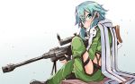  1girl anti-materiel_rifle aqua_hair bibi black_footwear black_gloves commentary_request fingerless_gloves from_side gloves green_eyes green_jacket green_legwear gun hair_ornament hairclip holding jacket long_sleeves looking_back pgm_hecate_ii rifle scarf short_hair shorts sidelocks simple_background sinon sitting sniper_rifle solo sword_art_online weapon white_background 
