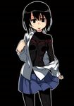  :p black_hair bodysuit breasts looking_at_viewer open_clothes original oteruko_(wanabeee) pantyhose red_eyes school_uniform short_hair small_breasts solo tongue tongue_out 