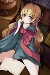  alternate_costume blonde_hair blush book bookshelf bow chest_of_drawers closed_mouth collarbone gosick green_eyes highres ke-ta_(style) lamp long_hair looking_at_viewer on_floor open_book red_ribbon ribbon silhouette sitting sleeves_past_wrists solo toriumi_harumi very_long_hair victorica_de_blois wide_sleeves 