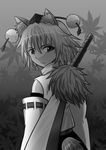  animal_ears detached_sleeves greyscale hat highres inubashiri_momiji monochrome niiko_(gonnzou) pom_pom_(clothes) solo sword tokin_hat touhou weapon wolf_ears 