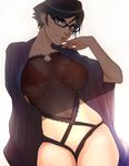  bayonetta bayonetta_(character) bayonetta_2 black-framed_eyewear black_hair blue_eyes breasts closed_mouth collarbone covered_navel covered_nipples earrings finger_to_mouth glasses head_tilt highres jewelry large_breasts lips long_sleeves looking_at_viewer midriff mole mole_under_mouth navel o-ring open_clothes open_shirt pinky_to_mouth see-through shadow shirt short_hair sitting smile solo stomach stud_earrings superboin thighs wide_sleeves 