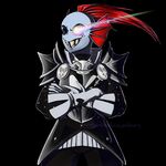  armor artist_name black_background black_sclera blue_skin cowboy_shot crossed_arms fire_emblem fire_emblem_if gloves glowing glowing_eye grin head_fins monster_girl paranoidpantherspatterns parody ponytail red_hair sharp_teeth simple_background slit_pupils smile solo spoilers style_parody teeth undertale undyne undyne_the_undying white_eyes 