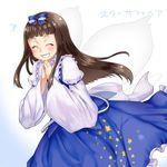  bangs black_hair blue_dress blunt_bangs blush bow character_name closed_eyes dress fairy_wings grin hair_bow juliet_sleeves long_hair long_sleeves monrooru puffy_sleeves smile solo star_sapphire teeth touhou very_long_hair wide_sleeves wings 