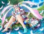  angel_wings animal_on_wing bare_legs barefoot bird bird_on_hand blonde_hair blue_bow blue_eyes bow bowtie braid breasts chloris_garden cleavage commentary_request copyright_name dress fantasy fingerless_gloves flower forest full_body gloves grass hair_bow hat hijikawa_arashi knees_up lake long_hair long_sleeves medium_breasts multiple_wings nature original panties pantyshot pantyshot_(sitting) pauldrons red_cross river rose shoes_removed side_braid single_braid sitting smile soaking_feet solo staff thigh_strap underwear white_dress white_feathers white_gloves white_panties white_wings wide_sleeves wings 