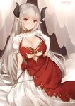  alicia_(granblue_fantasy) artist_name bangs blush breasts center_opening cleavage cross cross_earrings draph dress earrings gloves granblue_fantasy highres horns jewelry large_breasts long_hair looking_at_viewer pointy_ears red_eyes silver_hair sitting smile solo very_long_hair white_gloves yaman 
