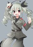  :d ahoge anchovy anzio_military_uniform blush drill_hair fang girls_und_panzer grey_background grey_hair hair_ribbon highres long_hair military military_uniform open_mouth red_eyes ribbon rurisakura simple_background smile solo twin_drills twintails uniform 
