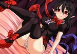  ahoge asymmetrical_wings bed bed_sheet black_dress black_hair black_legwear bow bowtie breasts cameltoe closed_mouth covered_nipples dress dutch_angle houjuu_nue large_breasts leg_up lips microdress n_(dai_n_honpo) on_bed panties pointy_ears red_bow red_eyes red_footwear red_neckwear shoes short_hair sitting skin_tight smile solo thighhighs thighs touhou underwear white_panties wings 