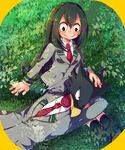  1girl artist_request asui_tsuyu beak black_hair boku_no_hero_academia grass lap_pillow school_uniform sitting smile tokoyami_fumikage 