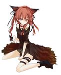 animal_ears boots bow cat_ears commentary_request dress full_body gradient_clothes hair_bow hair_ornament kaenbyou_rin looking_at_viewer loxodon messy_hair red_eyes red_hair short_dress short_hair short_sleeves shoulder_cutout sitting solo touhou wariza white_background 