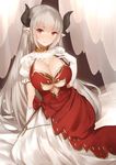  alicia_(granblue_fantasy) bangs blush breasts center_opening cleavage cross cross_earrings draph dress earrings gloves granblue_fantasy horns jewelry large_breasts layered_dress long_hair looking_at_viewer pointy_ears red_dress red_eyes silver_hair sitting smile solo underboob underboob_cutout very_long_hair white_dress white_gloves yaman 