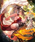  aliza_(granblue_fantasy) artist_request ass boots breasts draph dress earrings fighting_stance fire granblue_fantasy greaves hair_pulled_back headgear horns jewelry large_breasts leg_up long_hair outdoors pointy_ears ponytail red_dress red_eyes shingeki_no_bahamut side_slit sideboob silver_hair solo standing standing_on_one_leg sunlight thigh_boots thighhighs very_long_hair white_legwear 