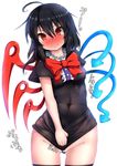  absurdres ahoge asymmetrical_wings black_hair blush bow bowtie covered_navel covering covering_crotch dress embarrassed eyebrows eyebrows_visible_through_hair highres houjuu_nue looking_at_viewer messy_hair microdress no_panties peso_(cheese_company) pussy_juice red_eyes solo sweatdrop thighhighs touhou wings 