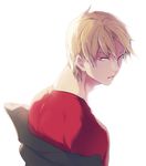  back bangs blonde_hair eyebrows eyebrows_visible_through_hair izumi_kouhei jacket looking_at_viewer looking_back male_focus off_shoulder parted_lips pepper_fever shade shirt simple_background solo t-shirt upper_body white_background world_trigger yellow_eyes 