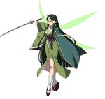  black_hair breasts cleavage full_body green_eyes highres holding holding_sword holding_weapon japanese_clothes katana kimono long_hair medium_breasts obi official_art pointy_ears resized sakuya_(sao) sandals sash simple_background solo sword sword_art_online sword_art_online:_code_register tabi upscaled very_long_hair weapon white_background 