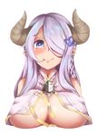 blue_eyes breast_rest breasts closed_mouth covered_nipples creature draph granblue_fantasy hair_ornament hair_over_one_eye hairclip heart heart-shaped_pupils highres horns index_finger_raised large_breasts lips long_hair looking_at_viewer narmaya_(granblue_fantasy) pingqiong_xiansheng pink_hair pointing pointing_up pointy_ears sharp_teeth simple_background smile solo split_theme symbol-shaped_pupils teeth upper_body white_background 