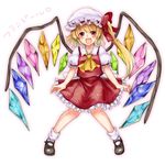  ascot blob blonde_hair bow character_name flandre_scarlet frills full_body hat hat_bow looking_at_viewer mob_cap monrooru open_mouth pigeon-toed puffy_short_sleeves puffy_sleeves red_eyes shirt short_sleeves side_ponytail sideways_glance skirt skirt_set smile solo touhou vest wings 