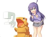  ahoge aqua_eyes blush idolmaster idolmaster_million_live! long_hair mochizuki_anna open_mouth purple_hair smile solo toy toy_dinosaur yoshika_(music480069) 