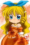  blonde_hair bow breasts brown_eyes calamity_jane detached_sleeves dress drill_hair hair_ribbon hairband long_hair open_mouth orange_dress orange_sleeves ribbon sakuran_(riddle_riddle) sidelocks small_breasts solo wild_arms wild_arms_1 