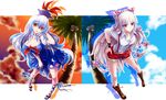  :d adapted_costume alternate_costume bare_shoulders bent_over blue_skirt boots bow breasts cleavage cloud coconut_tree collarbone day detached_sleeves dress_shirt fujiwara_no_mokou hair_bow hair_tucking hand_in_hair hands_on_hips hat hijikawa_arashi kamishirasawa_keine large_breasts leaning_forward leg_ribbon long_hair looking_at_viewer multiple_girls navel neckerchief open_mouth palm_tree pigeon-toed ribbon shirt shoes short_sleeves shorts silver_hair skirt sky smile sunset suspenders touhou tree very_long_hair 