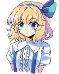  :&lt; alice_margatroid alice_margatroid_(pc-98) arms_behind_back blonde_hair blue_hairband blue_ribbon blush center_frills closed_mouth e.o. expressionless frilled_skirt frills hair_ribbon hairband highres looking_at_viewer puffy_short_sleeves puffy_sleeves ribbon shirt short_hair short_sleeves simple_background skirt solo suspenders touhou touhou_(pc-98) white_background white_shirt 