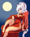  alternate_costume alternate_hairstyle arm_support bare_shoulders bow breasts china_dress chinese_clothes cleavage cleavage_cutout commentary_request detached_sleeves dress fujiwara_no_mokou full_moon hair_bow hijikawa_arashi holding holding_pipe jpeg_artifacts kiseru long_hair long_sleeves looking_at_viewer medium_breasts moon pelvic_curtain pipe ponytail red_eyes red_footwear shoes sitting smile solo thighs touhou very_long_hair white_bow white_hair wide_sleeves 