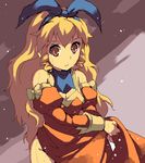  blonde_hair blue_neckwear bow breasts brown_eyes calamity_jane detached_sleeves dress drill_hair enoo hair_ribbon hairband long_hair lowres medium_breasts oekaki open_mouth orange_dress orange_sleeves ribbon sidelocks solo wild_arms wild_arms_1 