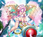  angel_wings arched_back bare_shoulders blue_eyes braid breasts butt_crack chloris_garden cleavage commentary_request copyright_name detached_collar dress fantasy fingerless_gloves full_body gloves hair_tubes hat hijikawa_arashi lake large_breasts long_hair looking_at_viewer nature nurse_cap original panties pink_feathers pink_hair pink_wings red_cross riding shoes side_braid single_braid sitting sleeveless smile solo tareme thigh_strap underwear white_footwear white_gloves white_panties wing_ornament winged_shoes wings 