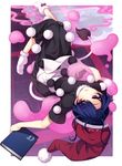  black_dress blue_hair bobby_socks book commentary_request doremy_sweet dream_soul dress hat lying nightcap pom_pom_(clothes) purple_eyes short_sleeves socks solo tail tapir_tail touhou upside-down uruu_gekka white_legwear 