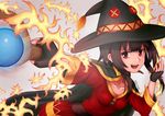  :d artist_name black_cape black_gloves black_hat brown_hair button_eyes cape collarbone fingerless_gloves fire foreshortening gem gloves hat holding holding_staff kono_subarashii_sekai_ni_shukufuku_wo! looking_at_viewer megumin nekonase open_mouth outstretched_arm red_eyes smile solo sphere staff witch_hat 