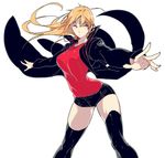  ass_visible_through_thighs bangs black_footwear black_jacket black_legwear black_shorts blonde_hair boots breasts eyebrows eyebrows_visible_through_hair floating_hair genderswap genderswap_(mtf) izumi_kouhei jacket large_breasts legs_apart long_hair long_sleeves looking_at_viewer open_clothes open_jacket outstretched_arms palms pepper_fever shade shirt shorts simple_background sketch solo spread_arms standing t-shirt thigh_boots thighhighs uniform white_background world_trigger yellow_eyes 