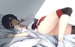  black_hair breasts detached_sleeves highres japanese_clothes kantai_collection looking_at_viewer lying medium_breasts no_hair_ornament no_headgear nontraditional_miko obi on_back panties pantyshot pantyshot_(lying) pleated_skirt red_eyes red_skirt sash short_hair skirt socks solo underwear white_legwear white_panties wide_sleeves yamashiro_(kantai_collection) yuzuruka_(bougainvillea) 