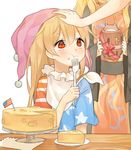  american_flag american_flag_dress bad_id bad_twitter_id bangs black_dress blush cheese chinese_clothes clownpiece commentary_request dress eating food fork frilled_shirt_collar frills hat jester_cap junko_(touhou) long_hair long_sleeves misha_(hoongju) multiple_girls neck_ruff petting polka_dot pop-up_pirate red_eyes ribbon shirt star striped tabard touhou 