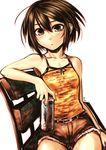  :o absurdres ahoge arm_at_side bare_arms bare_shoulders belt belt_buckle bench black_ribbon blush brown_eyes brown_hair brown_shorts buckle camisole can collarbone commentary_request cutoffs energy_drink glint hair_between_eyes head_tilt highres karahara_shima kotoba_noriaki looking_at_viewer monster_energy no_scar original park_bench parted_lips ribbon short_hair short_shorts shorts sitting soda_can solo sweatdrop 