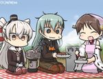  @_@ amatsukaze_(kantai_collection) apron aqua_hair ascot blue_sky blush brown_dress brown_hair brown_legwear commentary curry curry_rice dated day detached_sleeves dress empty_eyes food gloves hair_ornament hairclip hamu_koutarou head_scarf headgear hiei_(kantai_collection) kantai_collection long_hair multiple_girls nontraditional_miko outdoors picnic pot rensouhou-kun ribbon-trimmed_sleeves ribbon_trim rice sailor_dress short_hair sky smile sparkle suzuya_(kantai_collection) sweat thighhighs trembling two_side_up white_gloves 