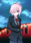  alternate_costume alternate_hairstyle arm_behind_back blurry blurry_background breasts commentary_request fate/grand_order fate_(series) formal glasses gloves hair_over_one_eye looking_at_viewer mash_kyrielight medium_breasts necktie pant_suit pants ponytail purple_eyes purple_hair red_neckwear short_hair sky smile solo suit tsuedzu 