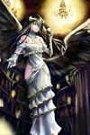  absurdres albedo black_hair dress elbow_gloves gloves highres holding indoors jeffrey10 long_hair looking_at_viewer overlord_(maruyama) solo white_dress white_gloves yellow_eyes 